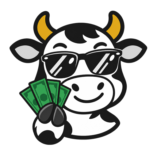 Vaca de óculos escuros, chifres dourados e notas verdes